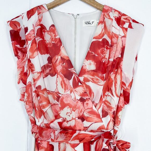 Eliza J Floral Chiffon High Low Dress Surplice Neck Tie Waist Size 10 Red White - Picture 3 of 16